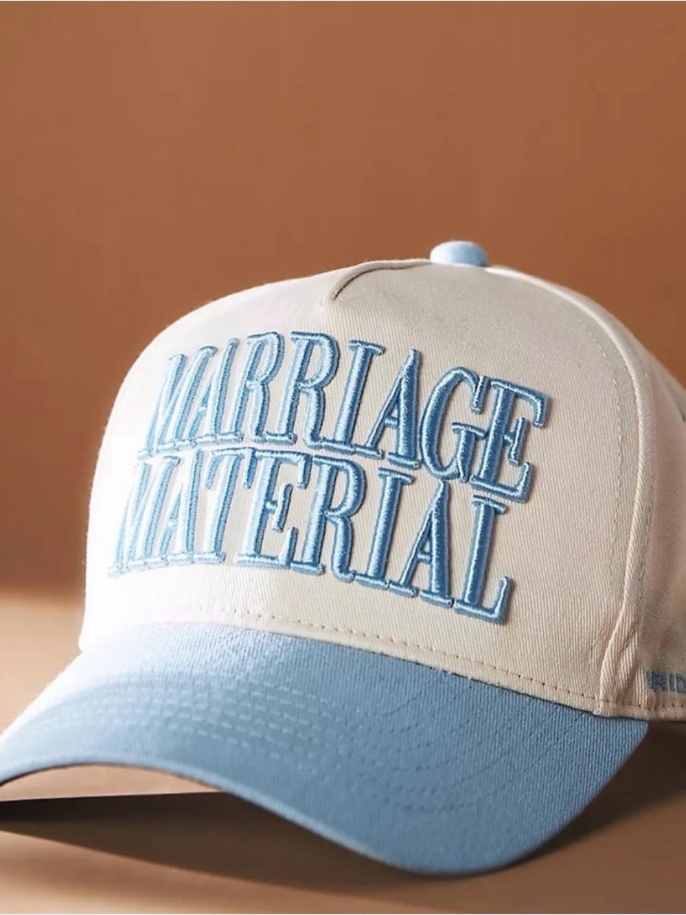 Anthropologie 'Marriage Material' Baseball Cap in Cream and Light Blue